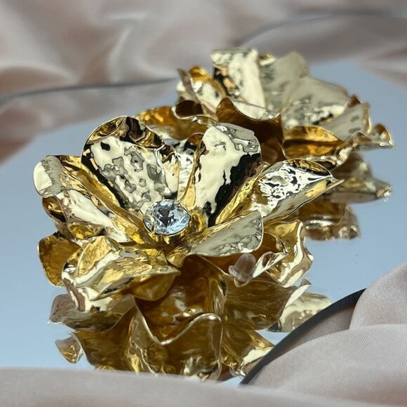 “Gold Floral Statement Earrings with Crystal Center” - Picture 3 of 8